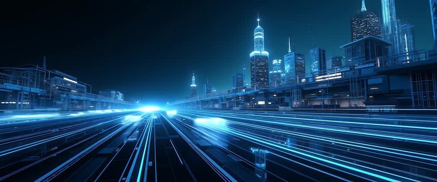 Futuristic cityscape with neon lights streaking across a digital highway, creating dynamic motion; camera smoothly pans along the skyline in a cinematic style, showcasing urban innovation.