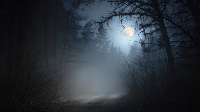 cryptographer. A misty forest path at night with moonlight filtering through silhouetted trees and atmospheric fog. travel magazines, destination branding, designed for travel destination branding.
