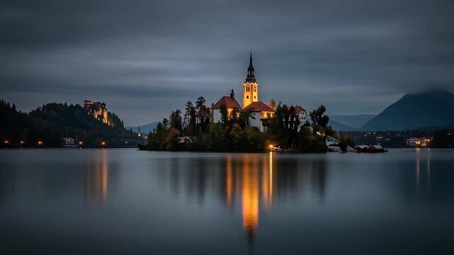 Lake Bled Island Church of the Assumption Slovenia at Night with Castle Reflection.