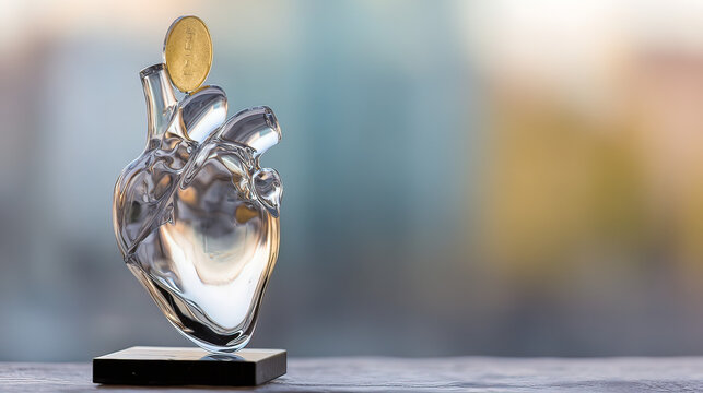 statin. An abstract glass sculpture of a human heart, with a single statin pill balanced on its top. event programs, museum guides, designed for cultural heritage projects and event programs.
