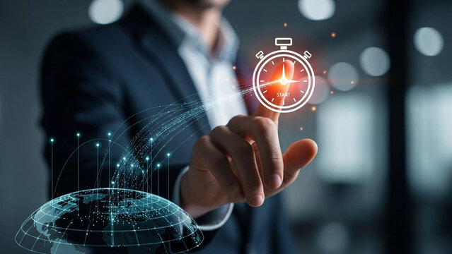 Businessman touching a virtual stopwatch icon, representing global business start, time management, and efficient decision making.