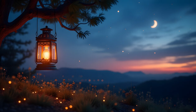 A glowing Arabic lantern hanging from tree branch, spring meadow, dusk, crescent moon, copy space - Eid Mubarak mockup greeting card, Ramadan kareem decoration, Islamic spiritual celebration, Eid Adha