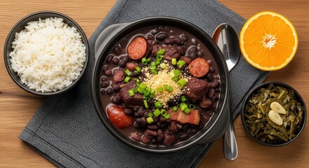 Hearty stew featuring black beans, smoked sausage, and assorted meats served with rice and greens