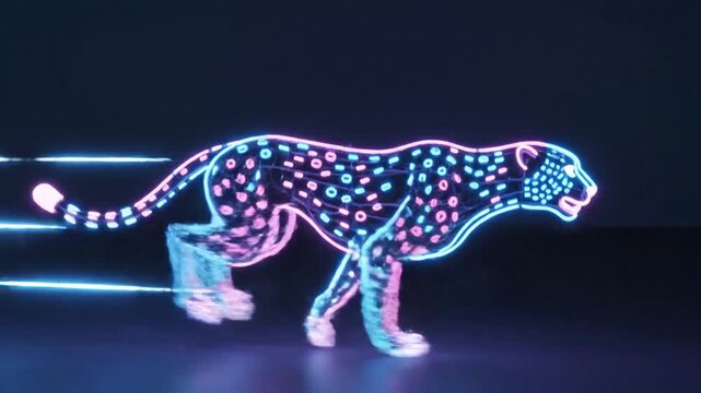 Neon light cheetah running in dark digital futuristic environment