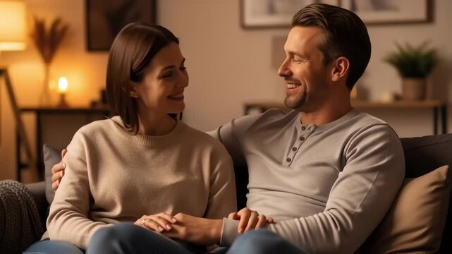 Couple Embracing on Sofa at Home.