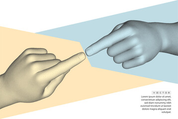 Obraz premium The index fingers of both hands reach towards each other. Concept of relationship, unity, partnership or contact. Design for banner, flyer, poster, cover or brochure.