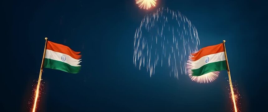 Indian flags waving gently amidst vibrant fireworks, with a slow pan capturing the festive atmosphere, in a cinematic night sky scene ideal for celebration-themed stock footage.