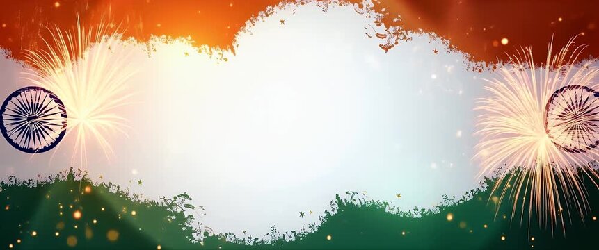 Vibrant fireworks burst around an abstract Indian flag, gently swaying as the camera pans slowly, creating a celebratory, cinematic ambiance with ample copy space.
