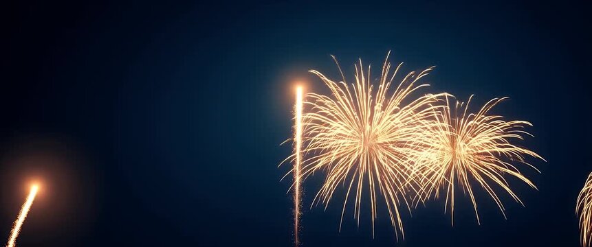 Vibrant fireworks explode in a night sky, casting colorful reflections as the camera slowly pans, capturing a celebratory atmosphere with a cinematic, festive flair.