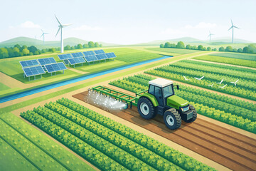 Obraz premium Green tractor cultivating vast agricultural fields, symbolizing modern farming practices with integrated solar panels and wind turbines for sustainable energy solutions