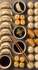 Assortment of steamed and pan-fried dumplings with dipping sauces arranged neatly on a wooden surface