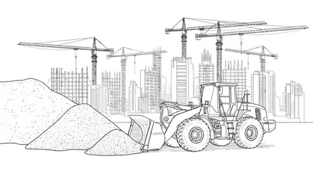 Heavy Wheel Loader at Construction Site Line Art Illustration