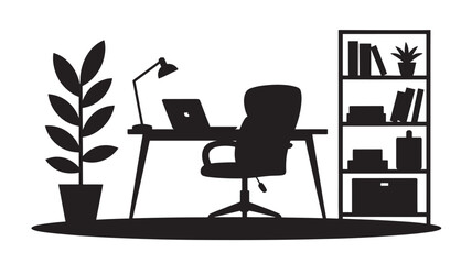 Fototapeta premium Modern home office workspace with minimalist decor in black silhouette on white background for productivity