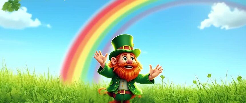 Whimsical leprechaun gestures with joy under a vibrant rainbow, slow camera pan reveals clovers swaying gently, highlighting pots of gold in a magical, cartoon-style landscape.
