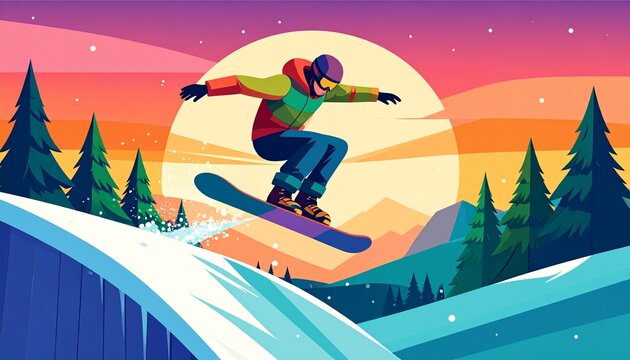 Dynamic snowboarder midair jump trick graphic illustration against a beautiful winter mountain landscape at sunrise or sunset adventure sport