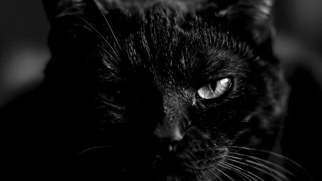 Close-up video of a black cat with bright mystical eyes, staring directly into the camera from the dark background. Strong contrast of fur and eyes creates an intense, captivating atmosphere