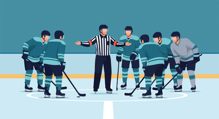 Ice hockey referee mediating a dispute between two opposing teams on the rink during a game.