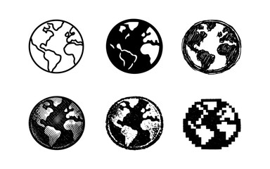 Obraz premium Collection of diverse hand-drawn and stylized Earth globe icons on a white background