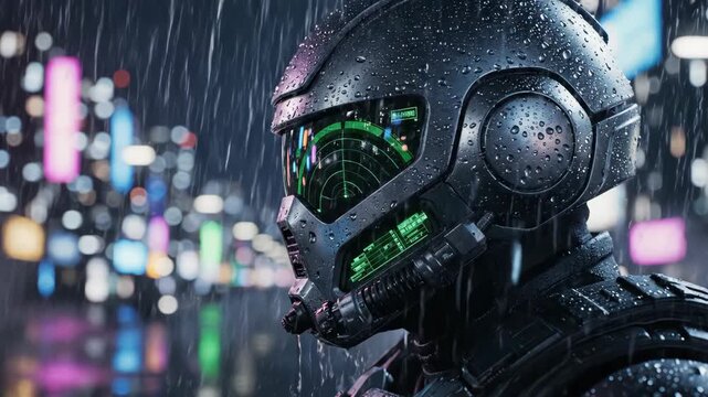 Closeup profile shot of helmeted cyber warrior in rainy neon city. Futuristic soldier enduring urban night downpour. Sci-fi digital video sequence with glowing visor and splashing rain.