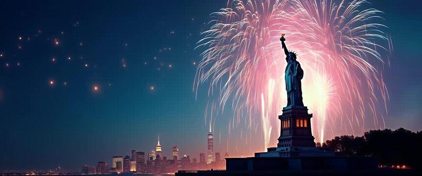 Cinematic view of vibrant fireworks illuminating the Statue of Liberty against New York City skyline; camera gently pans, capturing the ambient glow and festive energy in a night sky celebration.