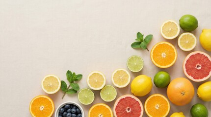 Aesthetic Minimalist Summer Citrus Fruit Flat Lay with Berries and Mint on Linen