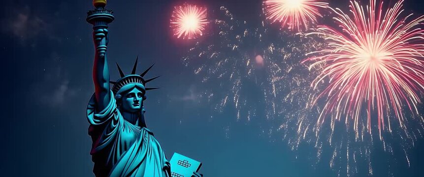 The Statue of Liberty stands majestically as vibrant fireworks burst in the night sky, with a slow cinematic pan enhancing the patriotic celebration and creating a captivating, festive atmosphere.