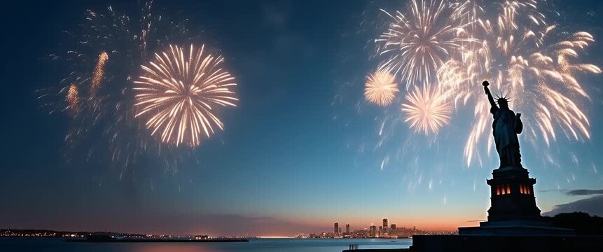 Cinematic fireworks burst over the iconic Statue of Liberty, illuminating the night sky as the camera slowly pans to capture the bustling cityscape, creating a dynamic and patriotic scene.