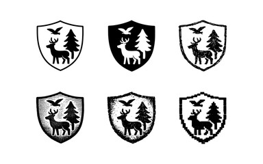 Fototapeta premium Collection of six shield emblems featuring deer, birds, and trees in various styles