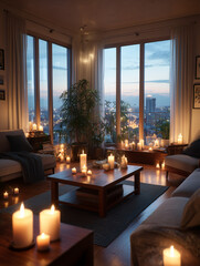Fototapeta premium Cozy apartment living room creating warm atmosphere with burning candles