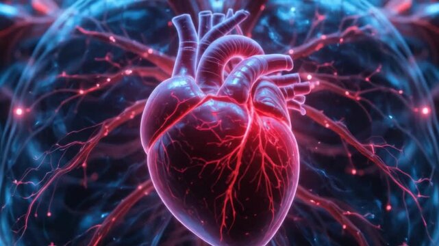 A vibrant illustration of a human heart and circulatory system, showcasing anatomical details with glowing veins and arteries. heart beat and bright video

