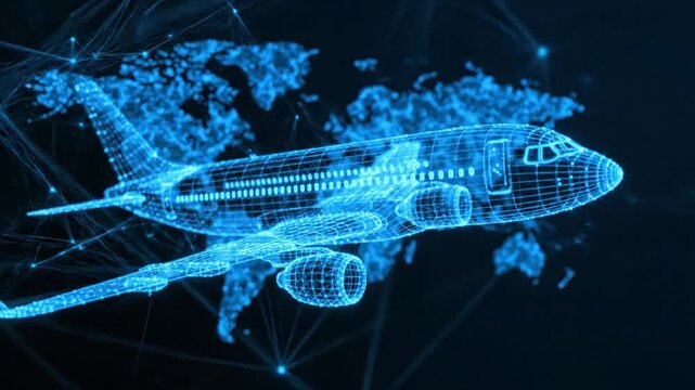 A futuristic airplane wireframe model flying over a digital world map with interconnected nodes and lines on a dark background