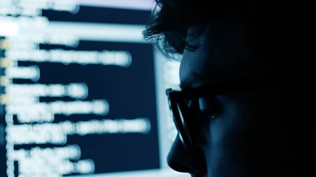 Programmer Wearing Glasses Concentrates on Coding Computer Screen with Lines of Code in Dark Office Environment 4K Video