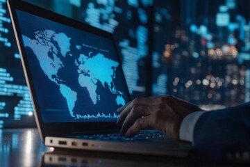 Fototapeta premium Businessman use laptop with virtual world economic growth chart.