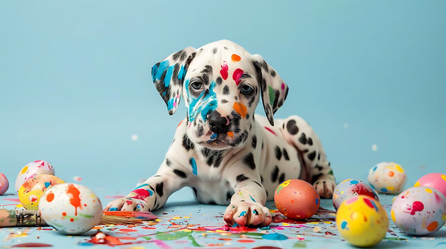 Close Up of Messy Dalmatian Puppy Covered in Paint Lying with Colorful Easter Eggs on Blue Background