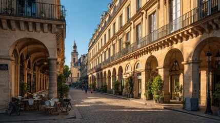 Fototapeta premium Parisian archways and Haussmannian buildings lining a sunlit street at golden hour