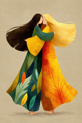 Watercolor vintage illustration of two women hugging from behind, flowing dresses with autumn colors, friendship, warmth, harmony, artistic lifestyle concept.