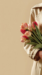 Woman holding tulip bouquet on beige background copy space