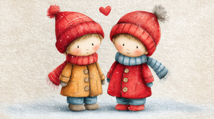 Watercolor illustration of two cute children in winter clothes standing together, wearing hats and scarves, snowfall and heart symbol, cozy Christmas mood.