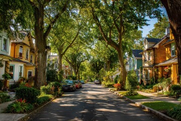 Obraz premium Picturesque suburban street scene with pastel facades, green lawns, and morning light