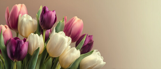 Pastel tulips bouquet on soft beige background copy space