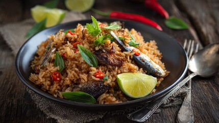Fototapeta premium Rustic Fried Rice with Chili and Mackerel Garnished by Fresh Herbs and Lime on a Wooden Table