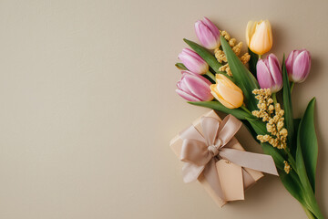 Spring tulips and mimosa with gift box flat lay beige background copy space