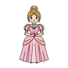 Fototapeta premium Cute Cartoon Princess in Pink Ballgown with Tiara and Bow