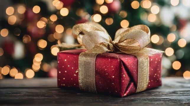 Primer plano de una caja de regalo roja con cintas doradas en un ambiente navide&Atilde;&plusmn;o c&Atilde;&iexcl;lido