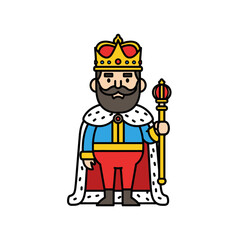 Cartoon King with Crown, Scepter, and Royal Robe - Vector Illustration