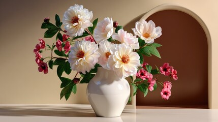 Naklejka premium Beautiful Floral Arrangement Featuring Soft Pink and White Flowers in Elegant Vase with Arch Background and Natural Light Setting