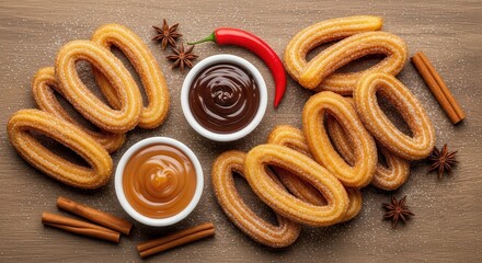 Fototapeta premium Fried dough pastries dusted with sugar are presented with dipping sauces and aromatic spices