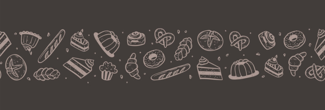 Fun hand drawn bakery seamless pattern with cute cake and bread doodles, great for print, fabrics, wallpapers - vector design