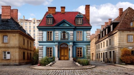Fototapeta premium Charming European townhouse with colorful facade and stone steps surrounded by classic architecture and cobblestone street in picturesque neighborhood