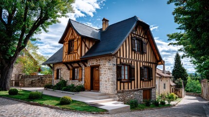 Naklejka premium Charming rustic house with wooden beams and stone facade under a blue sky surrounded by greenery in a picturesque village setting